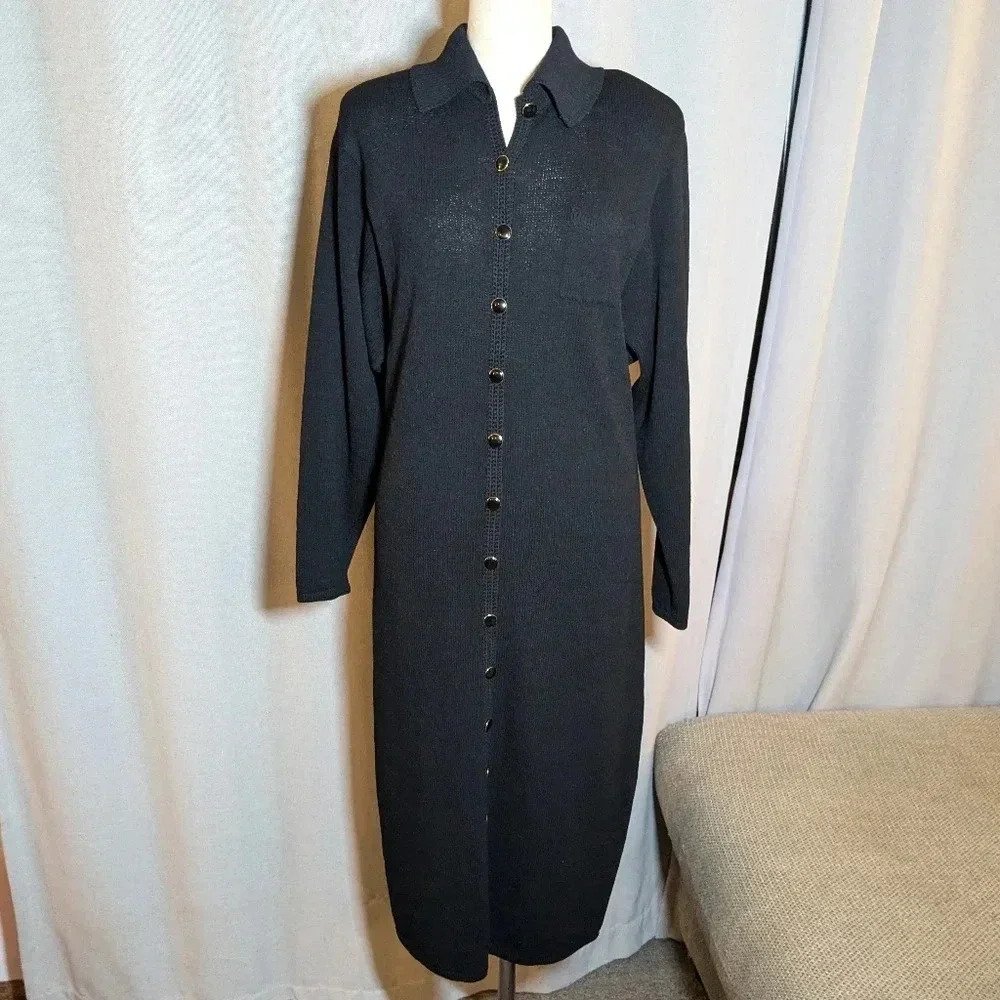 St. John Black Santana Knit Dress Midi Buttons Size 8 Collar Shirt Dress USA - Picture 1 of 10